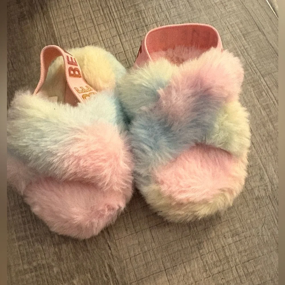 Bebe Jeanna Faux Fur colorful pastel pink yellow  baby girl sling back sandal